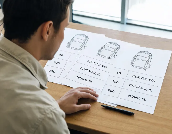Backpack quotation ledger at a procurement desk