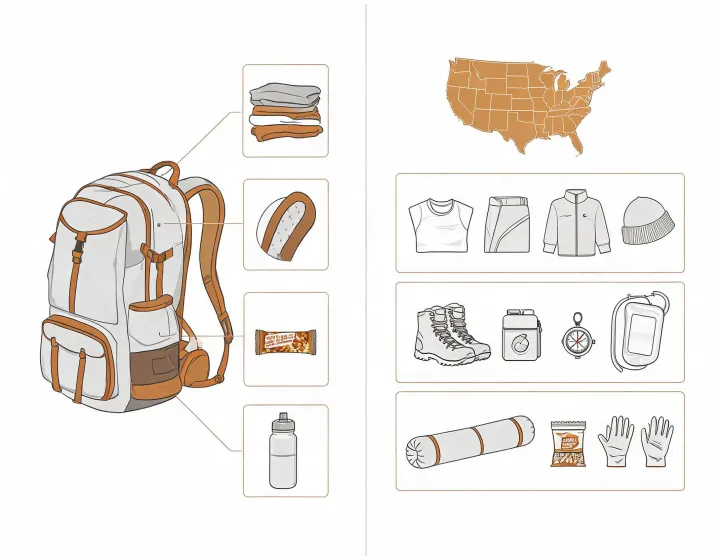 Illustrated backpack buying brief and US destination route