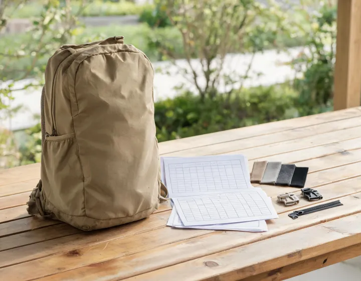 Backpack sourcing dossier with material and sample notes